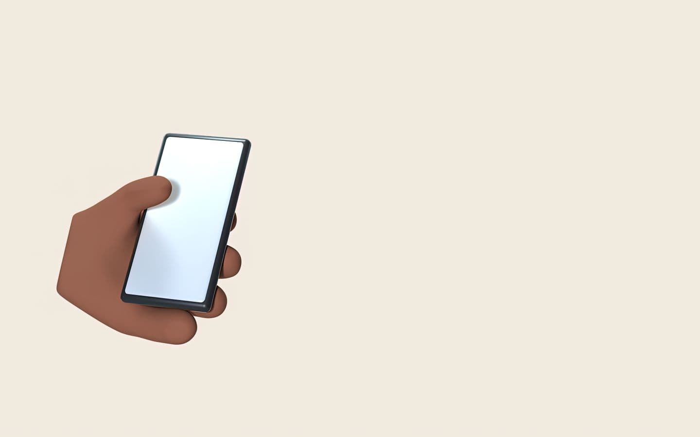 3D-Darstellung einer Hand, die ein Smartphone vor weißem Hintergrund hält