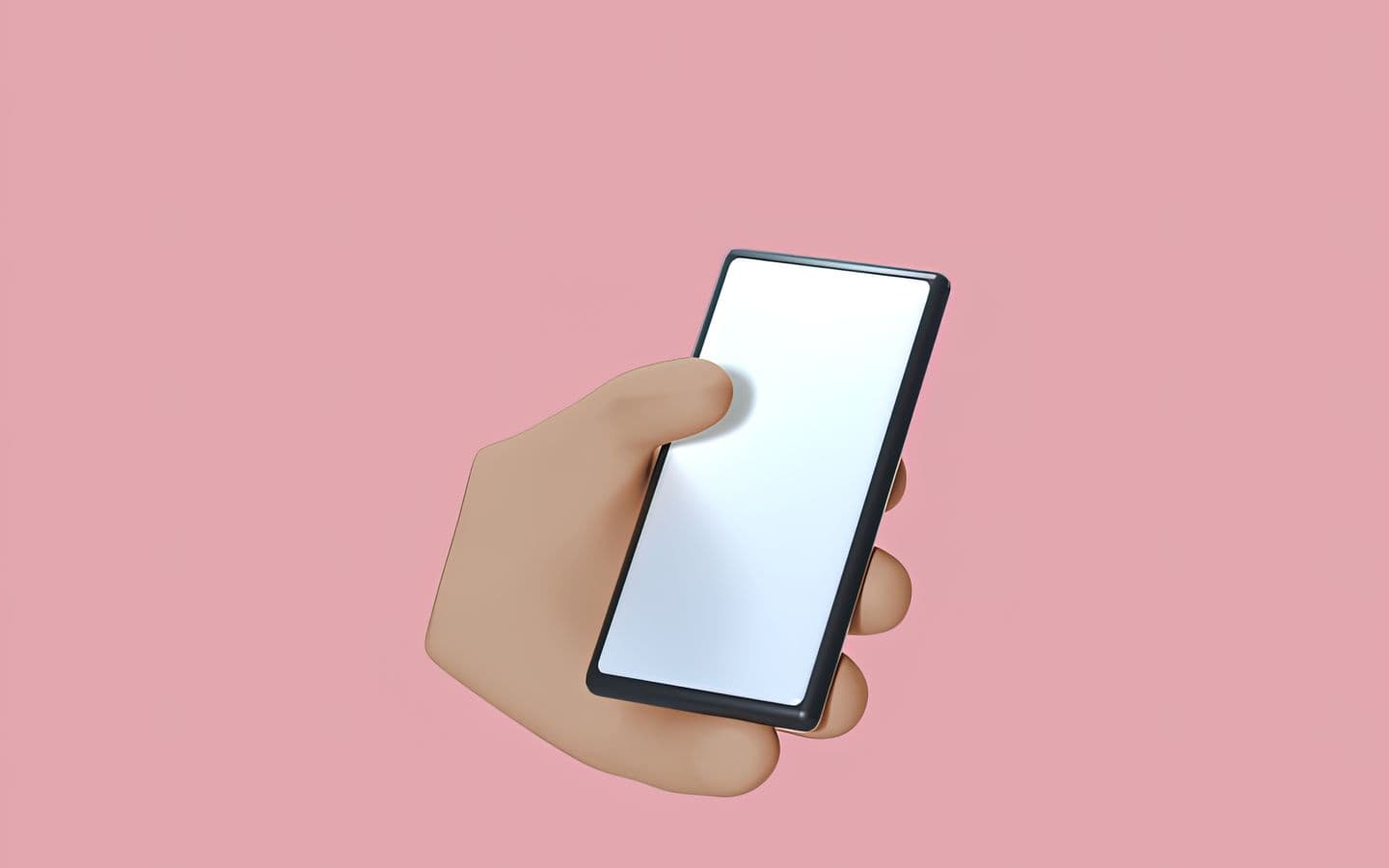 3D-Cartoon-Hand hält ein Smartphone vor rosafarbenem Hintergrund