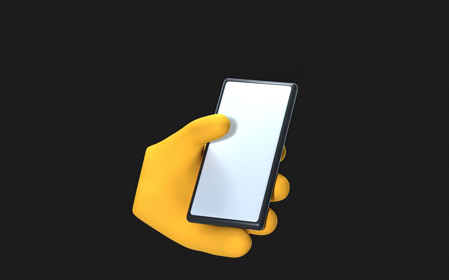 Bunte 3D-Illustration einer gelben Hand mit Smartphone vor schwarzem Hintergrund